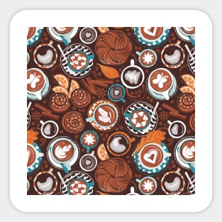 Love hugs in coffee mugs // pattern // expresso brown background lagoon orange and aqua cups and plates autumn leaves delicious cinnamon buns and cakes coffee stains and beans Sticker